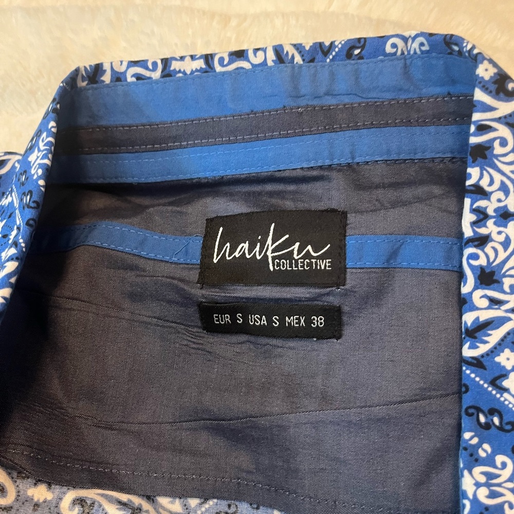 Haiku Women’s S Button Up Casual Midwest Teacher Bandana Pattern Blue White Top